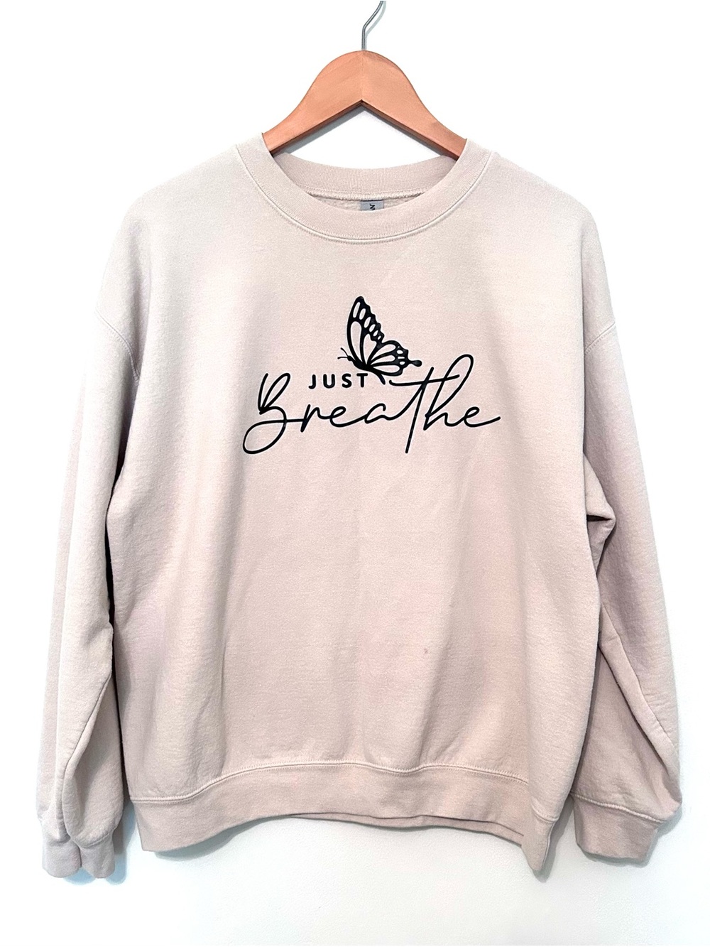 Gildan 'Just Breathe' Crewneck Sweatshirt - Light Beige with Black Print